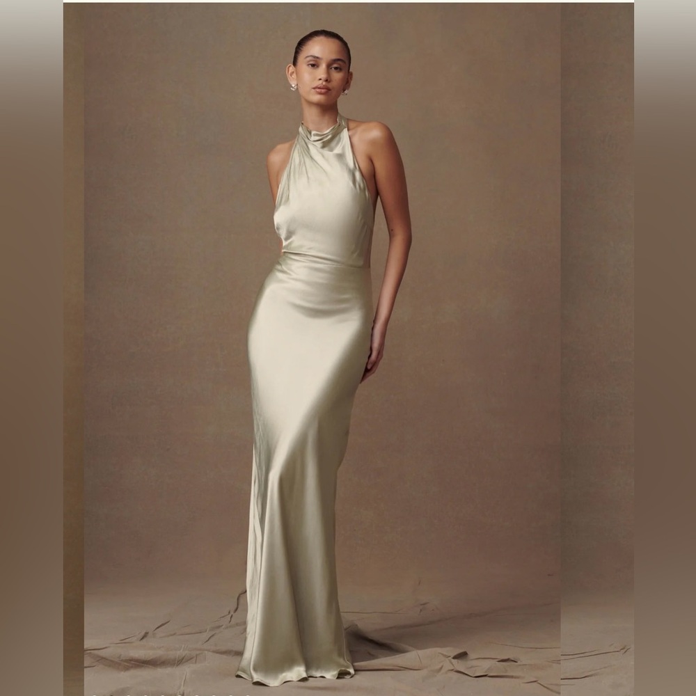 Meshki Sage Satin Halter Maxi Dress